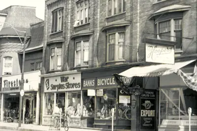 Historic photo, black and white, downtown buildings