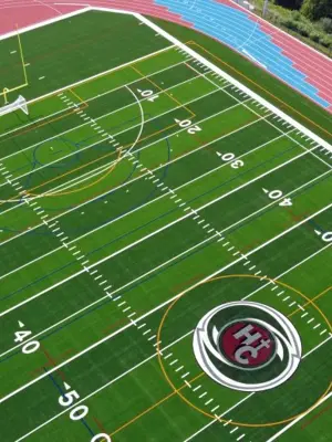 Aerial view of artificial turf field at Holy Cross secondary school