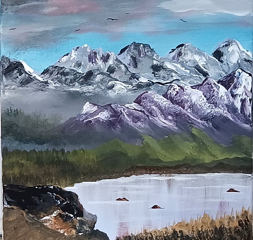 Painting of a nature scene with mountains in the distance