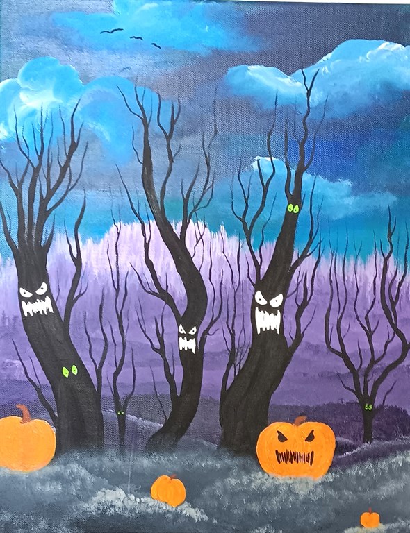 This is a spooky Halloween-themed painting. It shows a dark, eerie forest with twisted black trees that have angry, glowing faces. Their eyes and mouths look scary, like they're alive. Green eyes peek from the shadows. The sky is stormy with blue clouds and a purple horizon. Pumpkins, including a large jack-o'-lantern with a menacing grin, sit on the ground. The whole scene feels creepy and haunted.