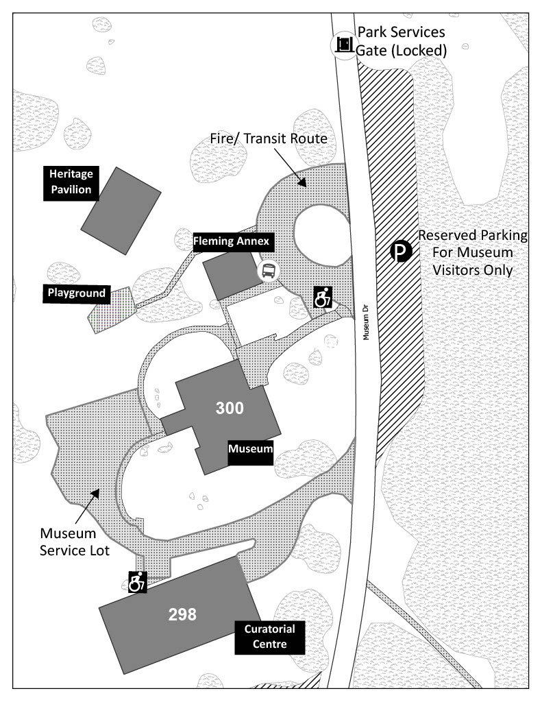 Overhead map of museum area showing road, walkways and parking area east of museum drive, as well as accessible parking adjacent to the main walkway on the west side of Museum Drive