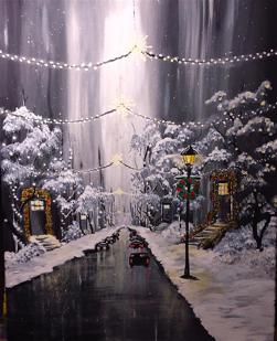 a painting showing a calm winter night with street lights shining, cars driving up and down the road, snow falling, and houses decorated for the holidays
