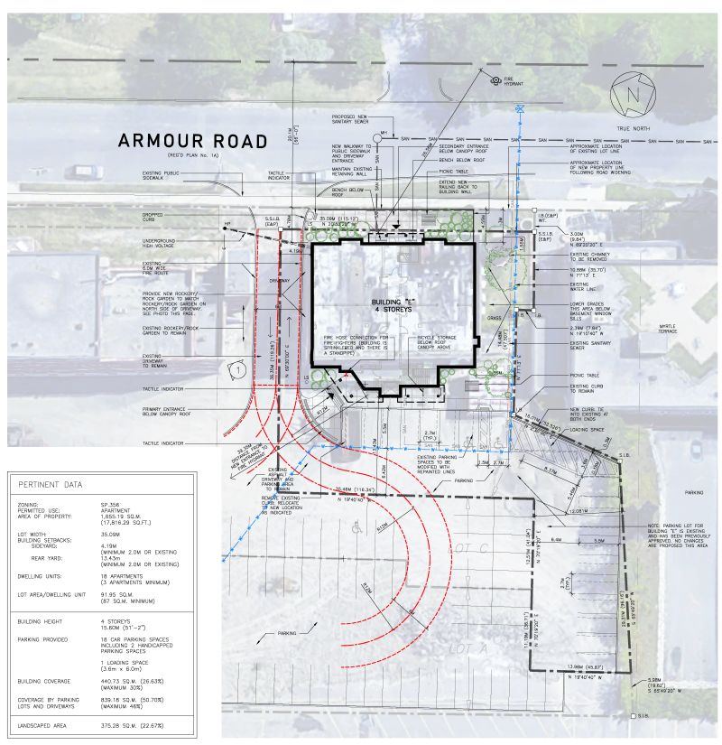 Site Plan showing parking lot, sidewalk and road access, building footprint, landscaping and traffic flows
