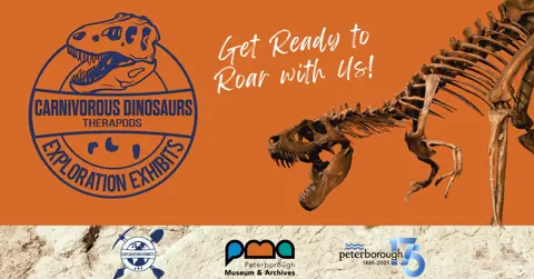 Advertisement for new featured exhibition titled Carnivorous Dinosaurs Therapods