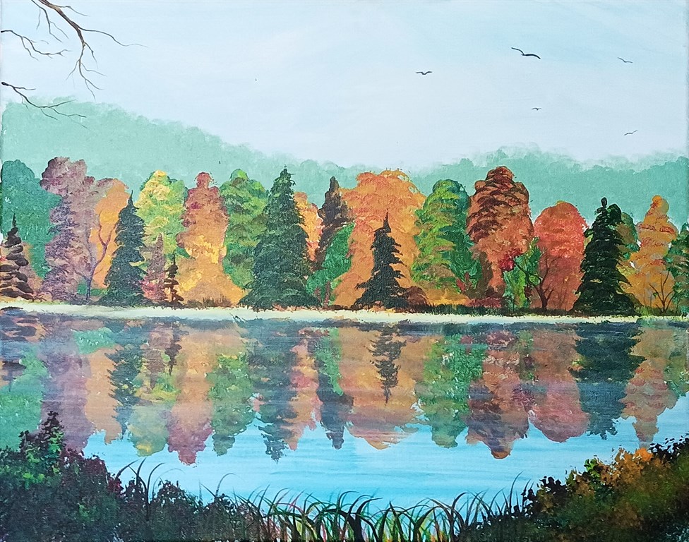 This painting shows a calm lake reflecting a forest of colorful autumn trees. Everything feels peaceful and still.